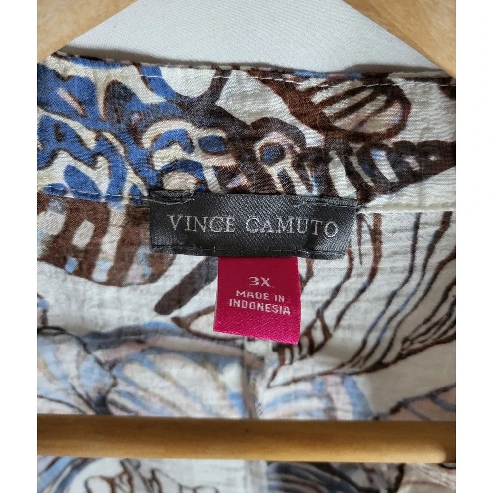 Vince Camuto Coastal Seashell Print Tie Front Blouse Blue Brown Beachy Boho 3X